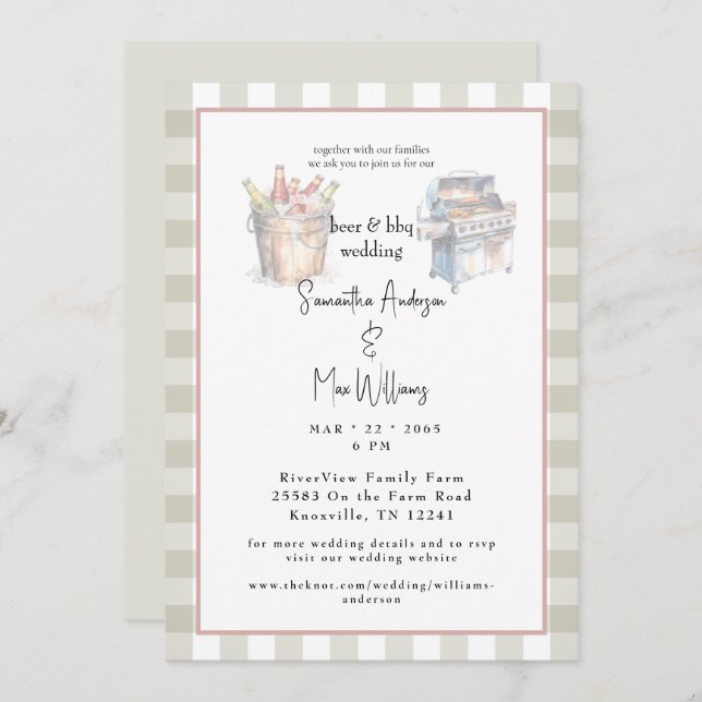 Neutral Plaid Beer & BBQ Wedding Invitation (Front/Back)