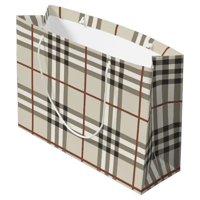 Neutral Plaid Cozy Classic Pattern Large Gift Bag (Back Angled)