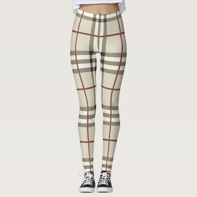 Neutral Plaid Cozy Classic Pattern Leggings (Front)