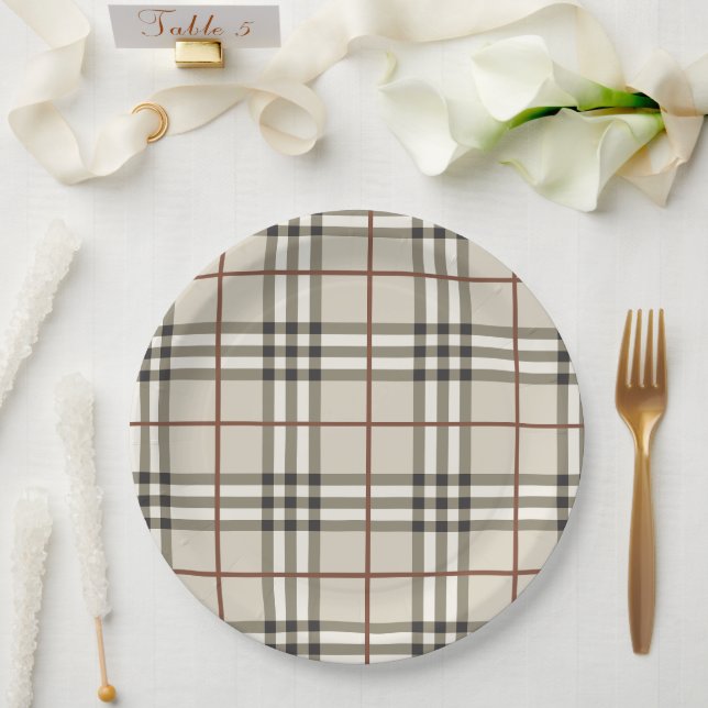 Neutral Plaid Cozy Classic Pattern Paper Plates (Wedding)