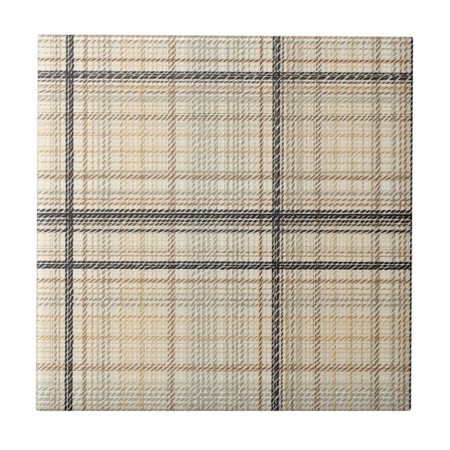 Neutral Plaid Dashed Line Tartan Ceramic Tile (Front)