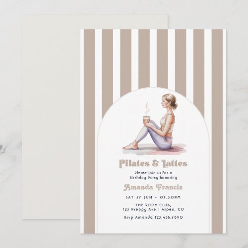 Neutral Preppy Pilates & Lattes Birthday Party Invitation