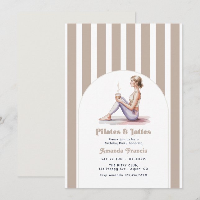 Neutral Preppy Pilates & Lattes Birthday Party Invitation (Front/Back)