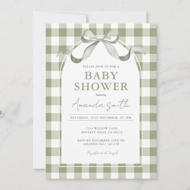 Neutral Preppy Sage Bow Baby Shower Invitation (Front)