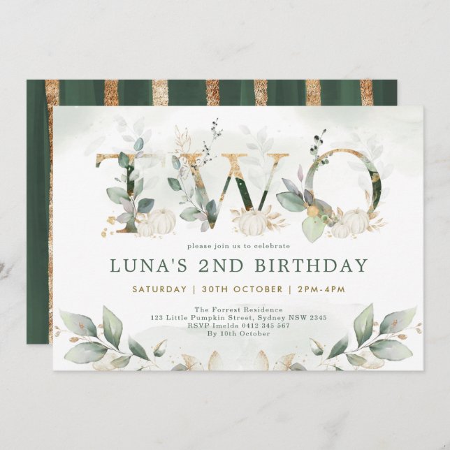 Neutral Pumpkin Fall Greenery Gold 2nd Birthday Invitation (Front/Back)