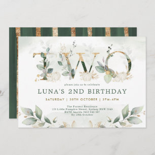 Neutral Pumpkin Fall Greenery Gold 2nd Birthday Invitation