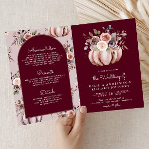 Neutral Pumpkin Floral QR Code Burgundy Wedding Invitation