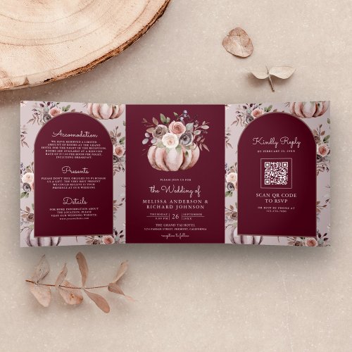 Neutral Pumpkin Floral QR Code Burgundy Wedding Tri_Fold Invitation