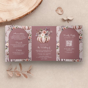 Neutral Pumpkin Floral QR Code Dusty Rose Wedding Tri-Fold Invitation