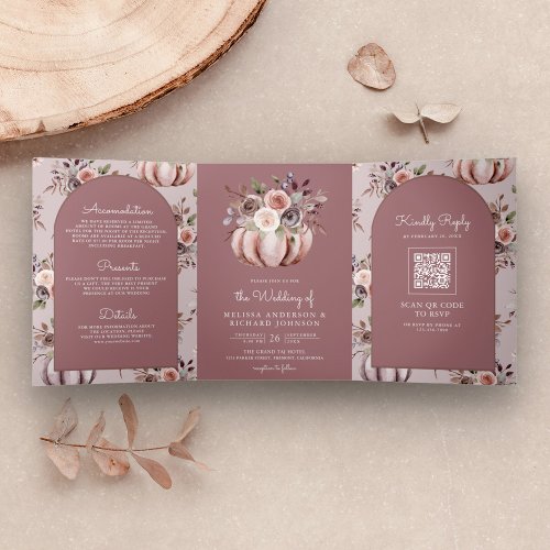 Neutral Pumpkin Floral QR Code Dusty Rose Wedding Tri_Fold Invitation