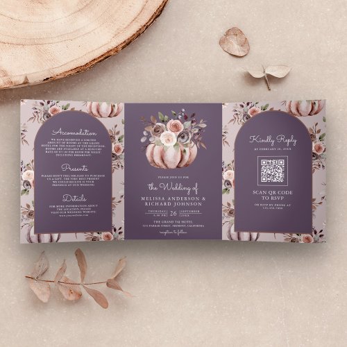 Neutral Pumpkin Floral QR Code Pale Purple Wedding Tri_Fold Invitation