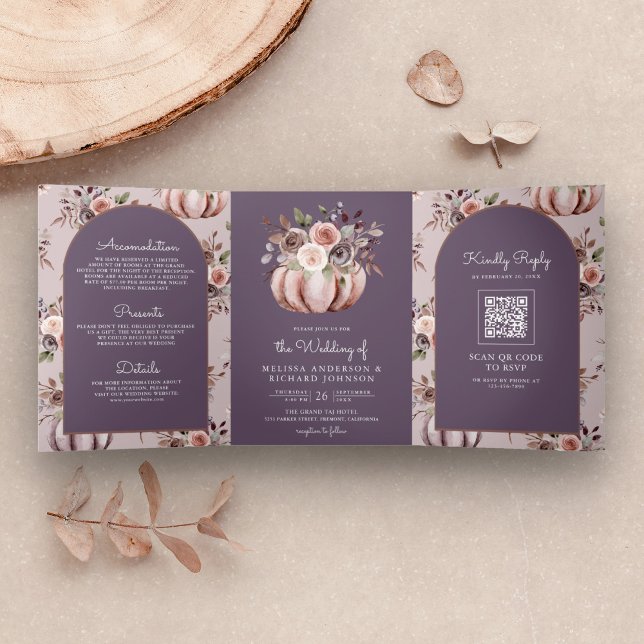 Neutral Pumpkin Floral QR Code Pale Purple Wedding Tri-Fold Invitation (Creator Uploaded)