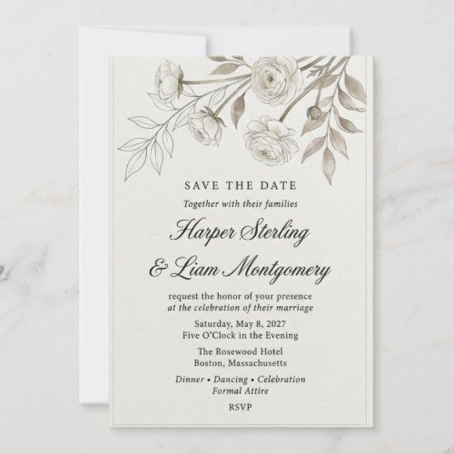 Neutral Ranunculus and Botanical Branch Watercolor Invitation