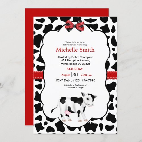 Neutral Red Black Cow Print Baby Shower Invitation