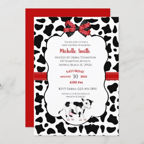 Neutral Red Black Cow Print Baby Shower Invitation