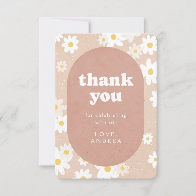 Neutral Retro Daisies Baby Shower Thank You Card (Front)