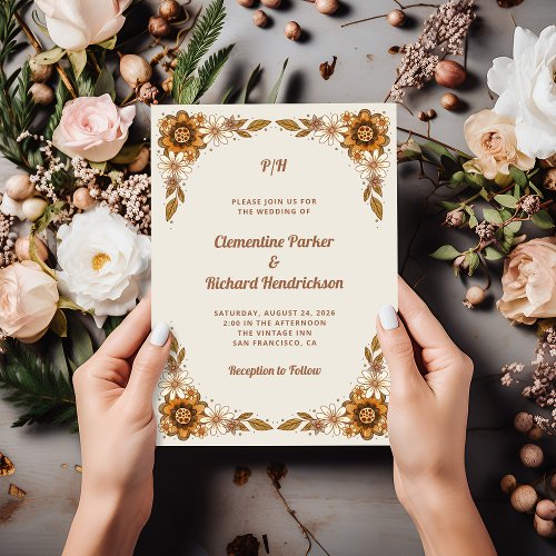 Neutral Retro Flowers  Wedding Invitation