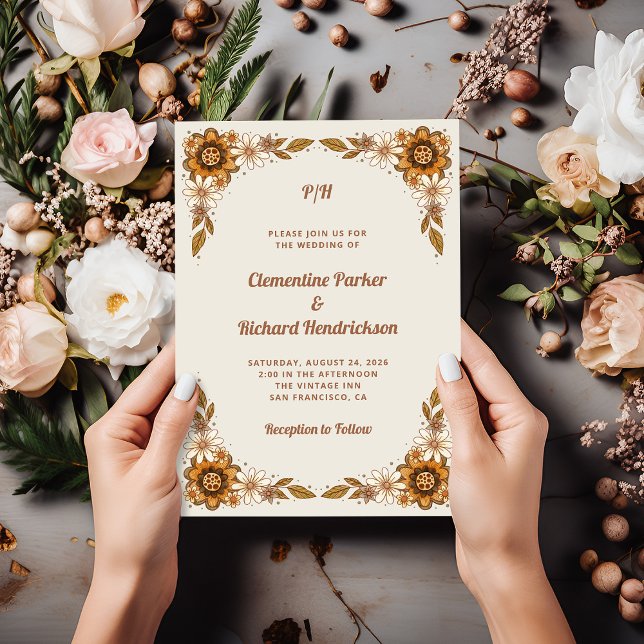 Neutral Retro Flowers | Wedding Invitation (A retro and vintage style wedding invitation with a floral border)