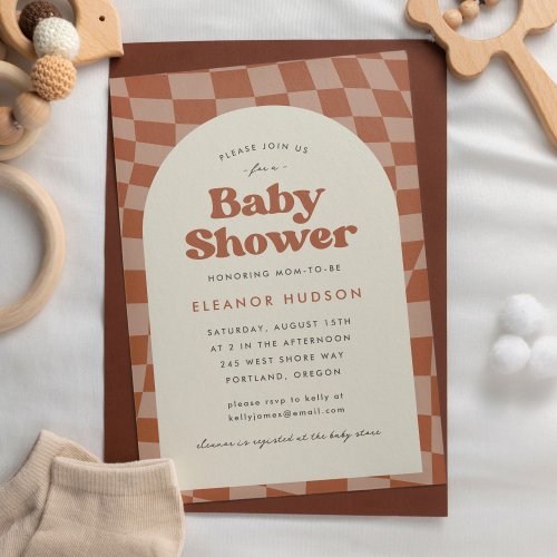 Neutral Retro Groovy 70s Checkerboard Baby Shower Invitation