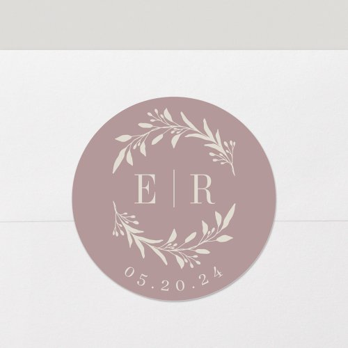 Neutral Rose Botanical Initials Wedding Logo Classic Round Sticker