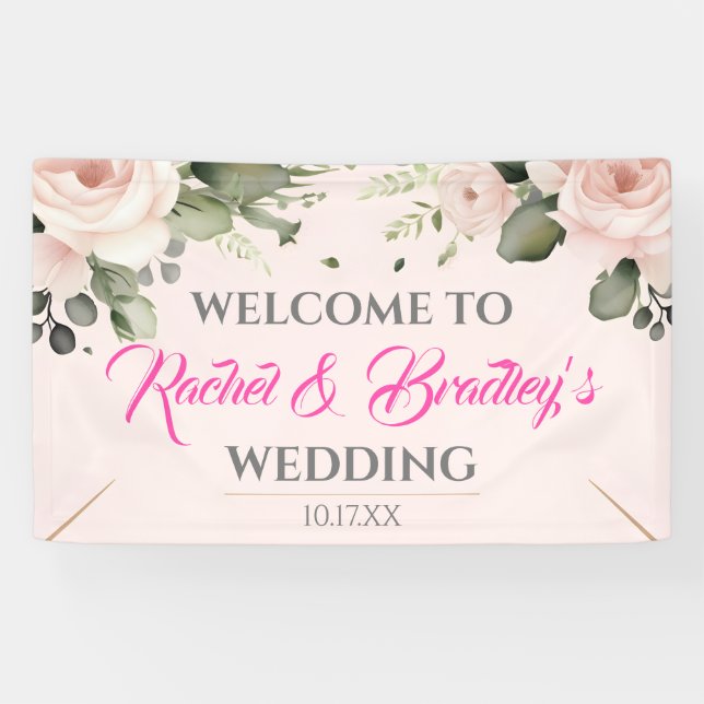 Neutral Rose Greenery Wedding Frame Customize  Banner (Horizontal)