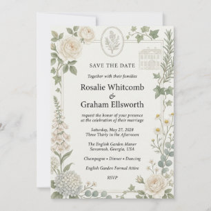 Neutral Roses, Hydrangeas, Foxgloves, Chamomile, R Invitation