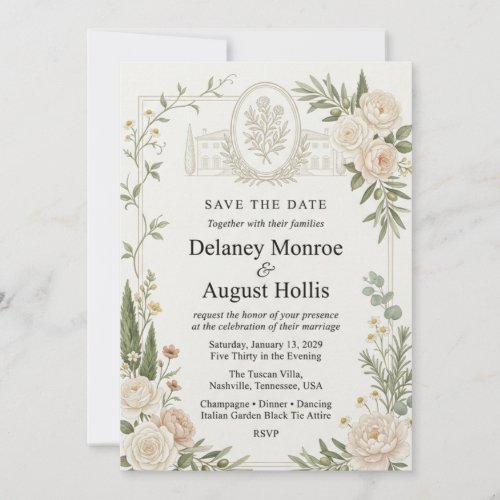 Neutral Roses, Peonies, Olive Branches, Villa Illu Invitation