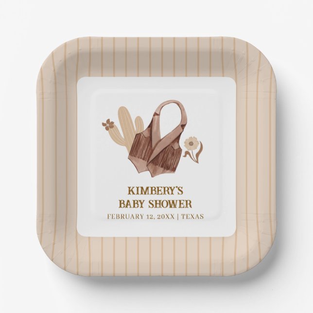 Neutral Rustic Boho Cactus Cowgirl Baby Shower  Paper Plates (Front)