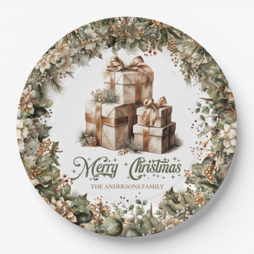 Neutral rustic earthy tones green gold presents paper plates