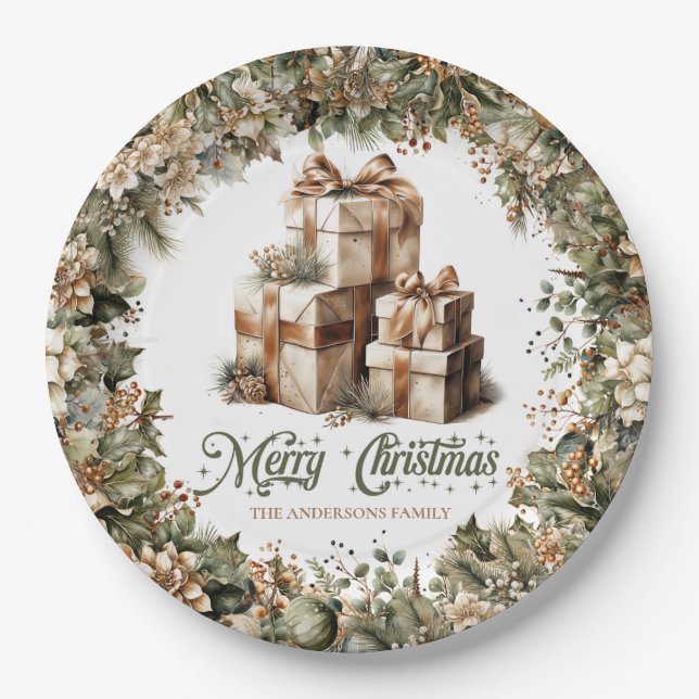 Neutral rustic earthy tones green gold presents paper plates (Front)