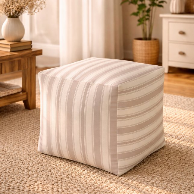 Neutral Rustic Farmhouse Striped Beige & Taupe Pouf (Creator Uploaded)