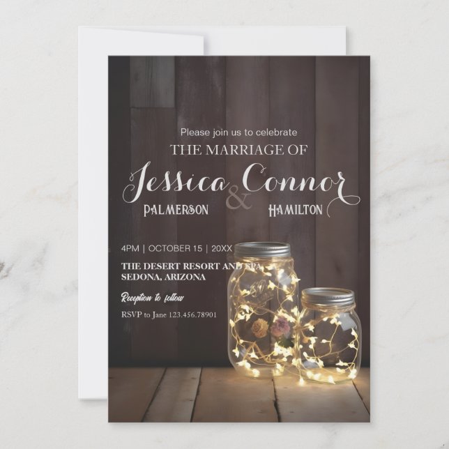 Neutral Rustic Wood Barn Wedding Mason Jar Lights Invitation (Front)