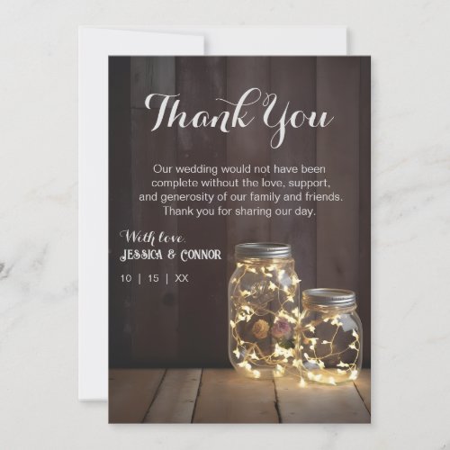 Neutral Rustic Wood Barn Wedding Mason Jar Lights Thank You Card