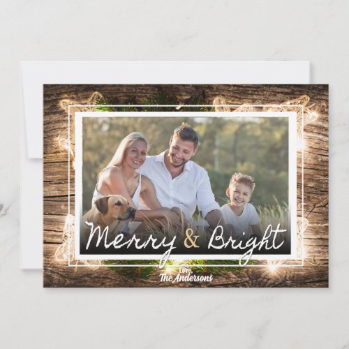 Neutral Rustic Wood Merry  Bright Flat Christmas Holiday Card