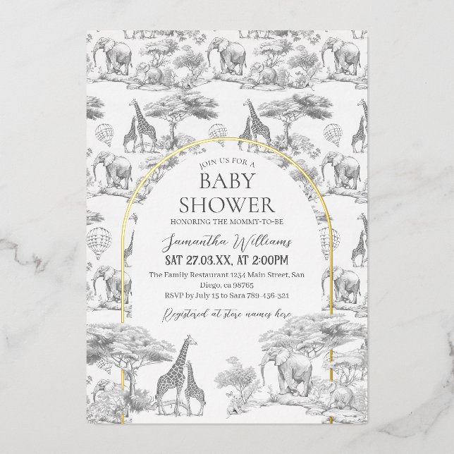 Neutral Safari Animal Elegant Toile Baby Shower Foil Invitation (Front)
