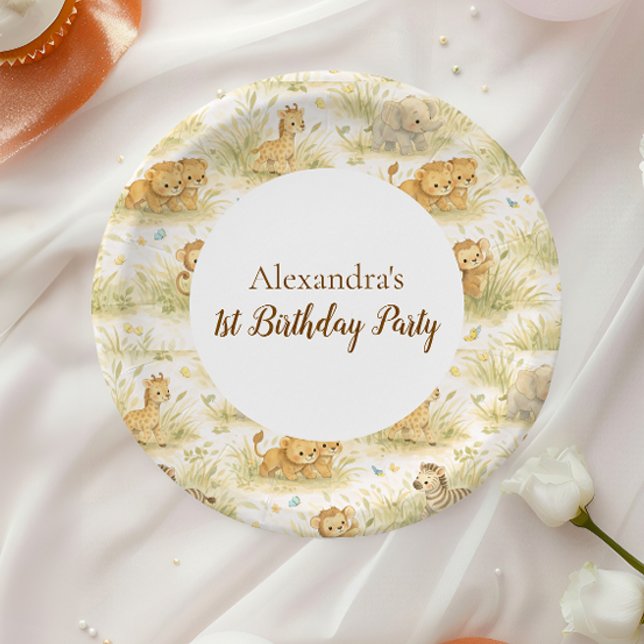 Neutral Safari Wild One Floral First Birthday Paper Plates (Creator Uploaded)
