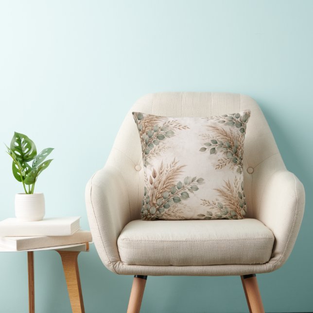 Neutral Sage and Beige Pampas Botanical Throw Pillow (Chair)