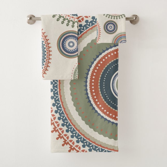 Neutral Sage Blue Multi Mandala Bath Towel Set (Insitu)