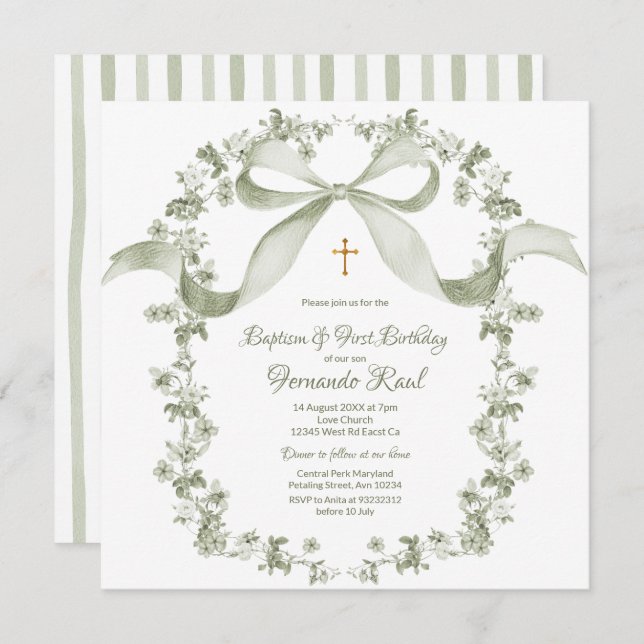 Neutral Sage Green Baptism Elegant French Toile Invitation (Front/Back)