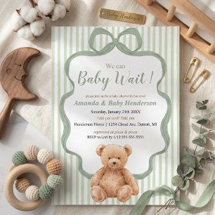 Neutral Sage Green Teddy Bear Baby Shower  Invitation