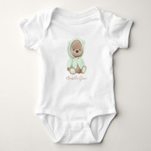 Neutral Sage Green Teddy Bear Personalized Name Baby Bodysuit
