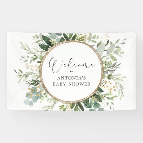 Neutral Sage Greenery Gold Baby Shower Welcome Banner