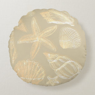 Neutral Sand Tan Beige Seashell Shells Beach House Round Pillow