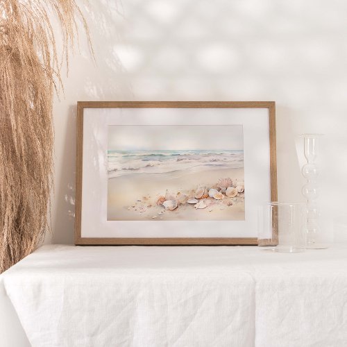 Neutral Sea Shells Seascape Watercolor Print