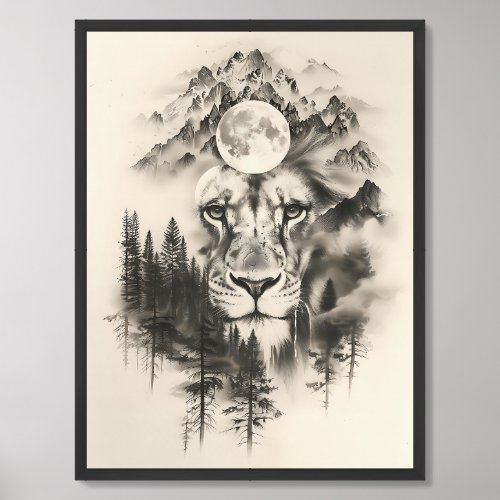 Neutral sepia colors lion mountain double exposure framed art