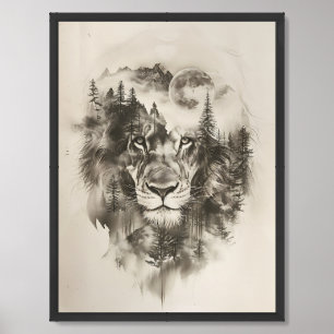 Neutral sepia tones lion mountain double exposure framed art