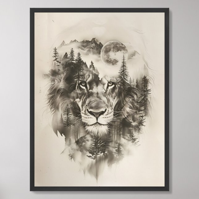 Neutral sepia tones lion mountain double exposure framed art (Framed Front)