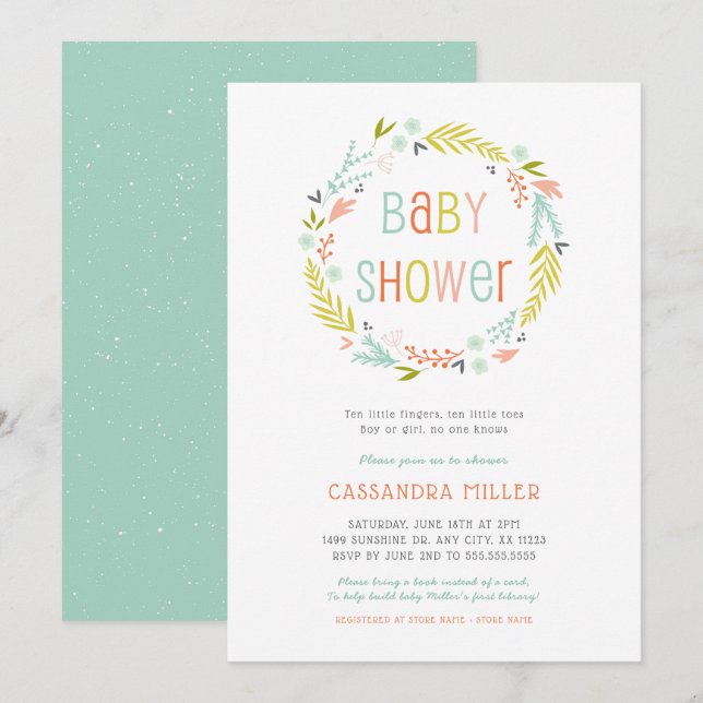 Neutral Spring Wreath Baby Shower Invitation (Front/Back)