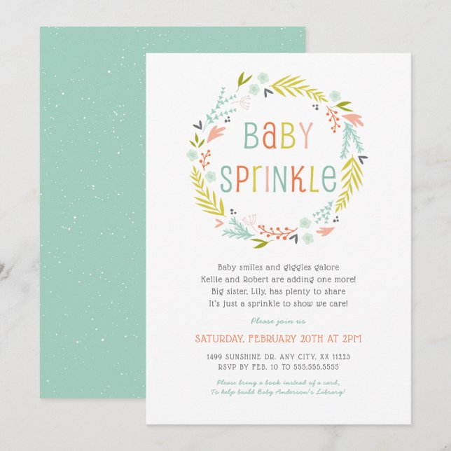 Neutral Spring Wreath Baby Sprinkle invite (Front/Back)