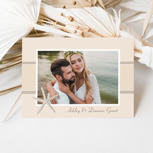 Neutral Starfish Beach Wedding Photo Thank You Card